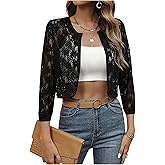 SHENHE Women's Floral Lace Open Front Sheer Lightweight Jacket 3/4 Sleeve Dressy Cropped Jacket