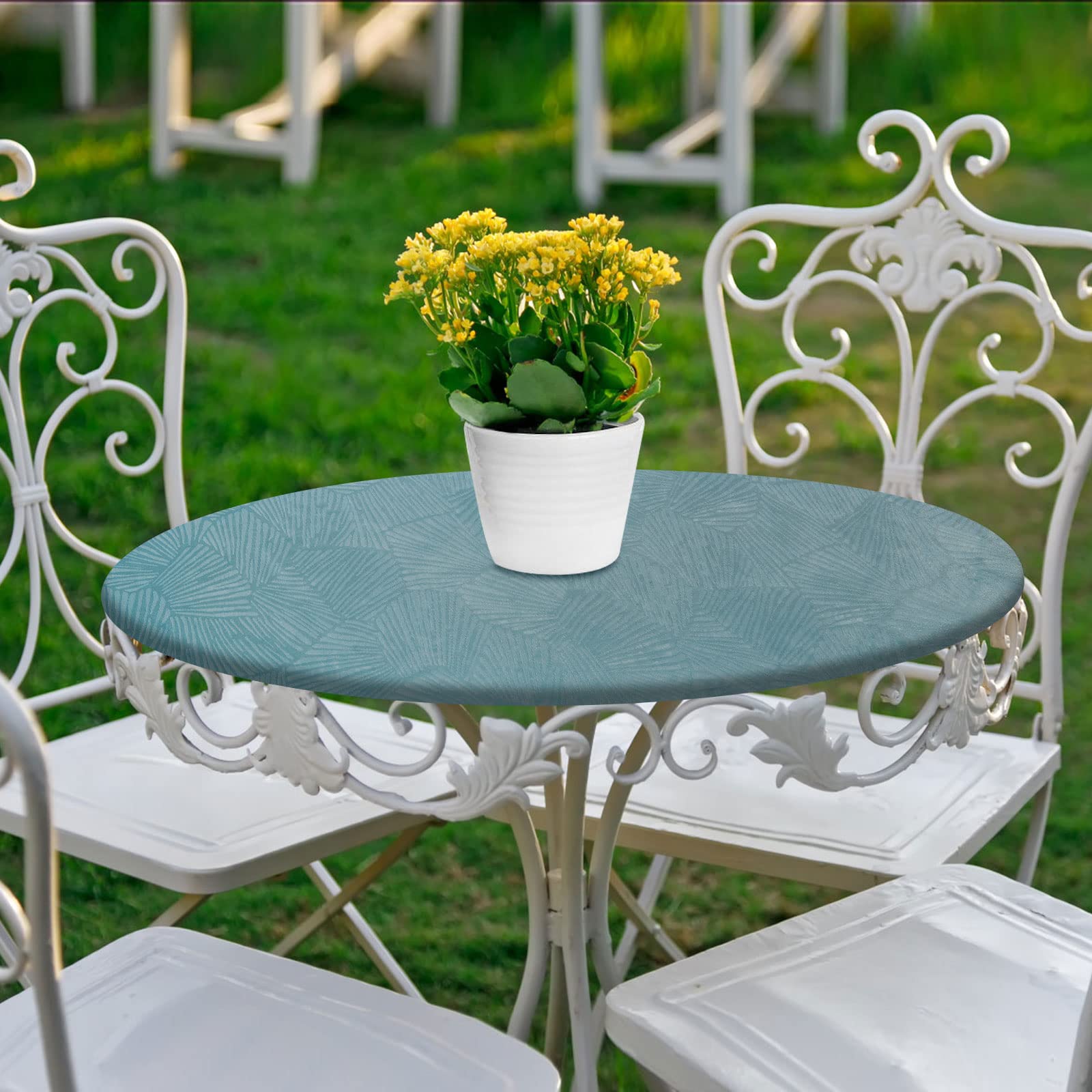 Elastic Edged Vinyl Round Fitted Tablecloth - Oil & Waterproof Wipeable Plastic Table Cover Indoor Outdoor Patio Round Fitted Vinyl Tablecloth, Plant Pattern (Dark green, 90cm in diameter)