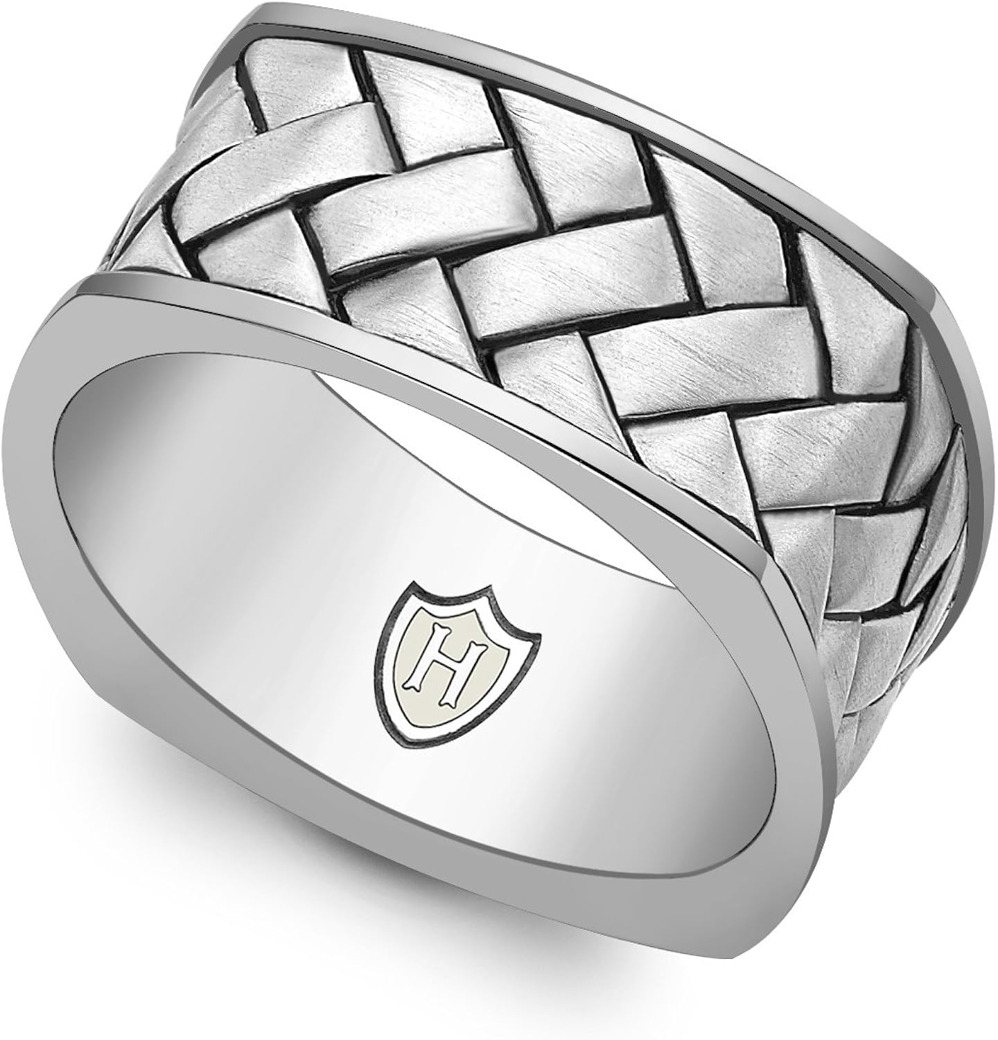 HOXTON LONDON Men's Sterling Silver Rhodium Plated Herringbone Square Ring - Size V