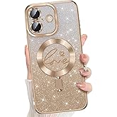 Misscase Magnetic Glitter Case for iPhone 17,Gradient Love Hearts Plating Phone Case Compatible with MagSafe,Built-in Camera Lens Protector,Cute Full Cover Protection Case for Women-Gold