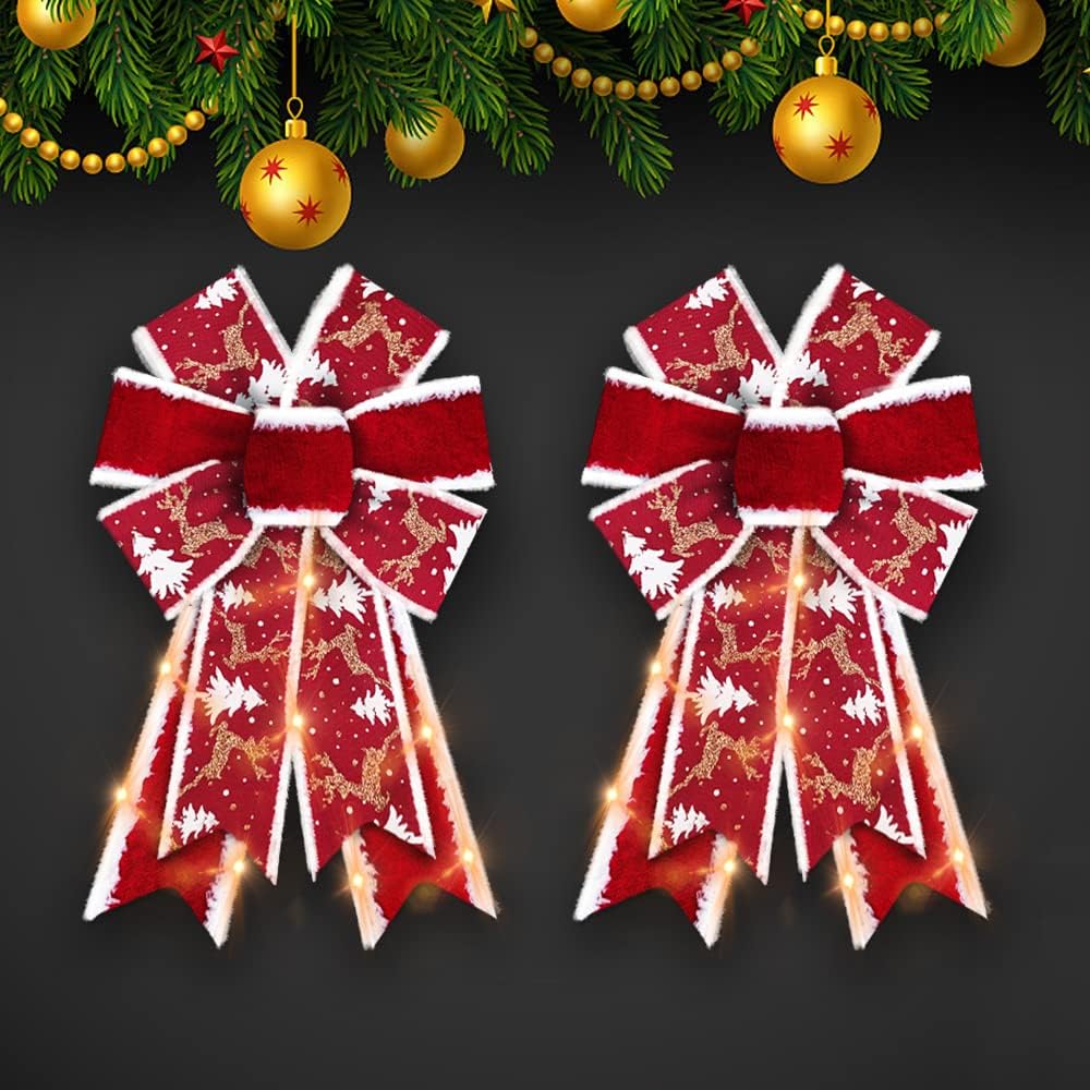 Bows & Ribbons - ABTOLS 2PCS Christmas LED Wreath Bows, Red Velvet Bows for Wreath Rustic Farmhouse Bows for Front Door Winter Red Bows Christmas Glitter Deer Tree Bows for New Year Indoor Outdoor Xmas Decor