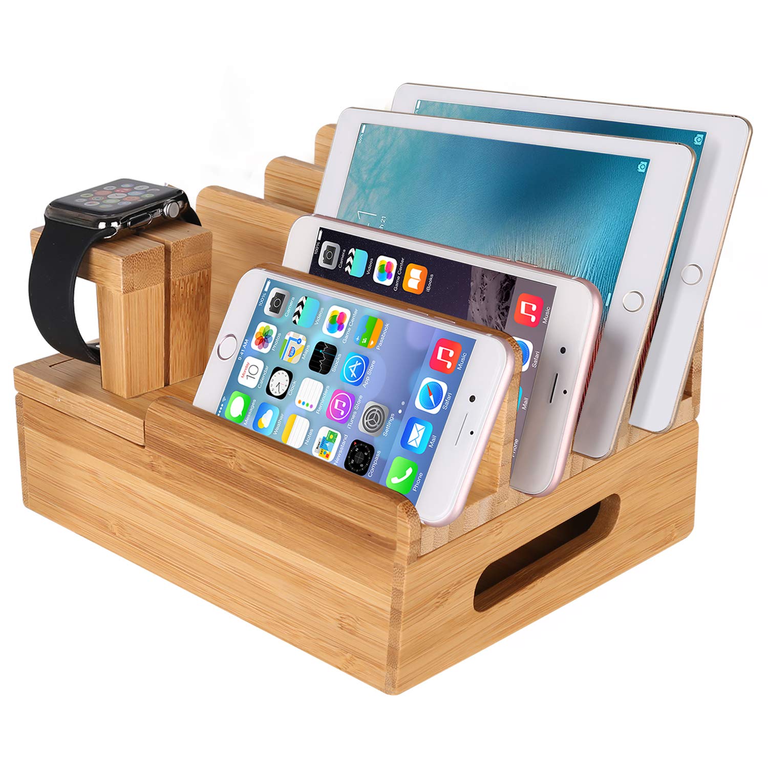XPhonew Bamboo Wood Multi-Device Desktop Charging Dock Station Charger Holder Cradle Charge Stand Compatible iPhone 16 15 14 13 12 11 Pro Max XS MAX iPad Apple Watch/iWatch 2 3 4 Samsung Smartphones