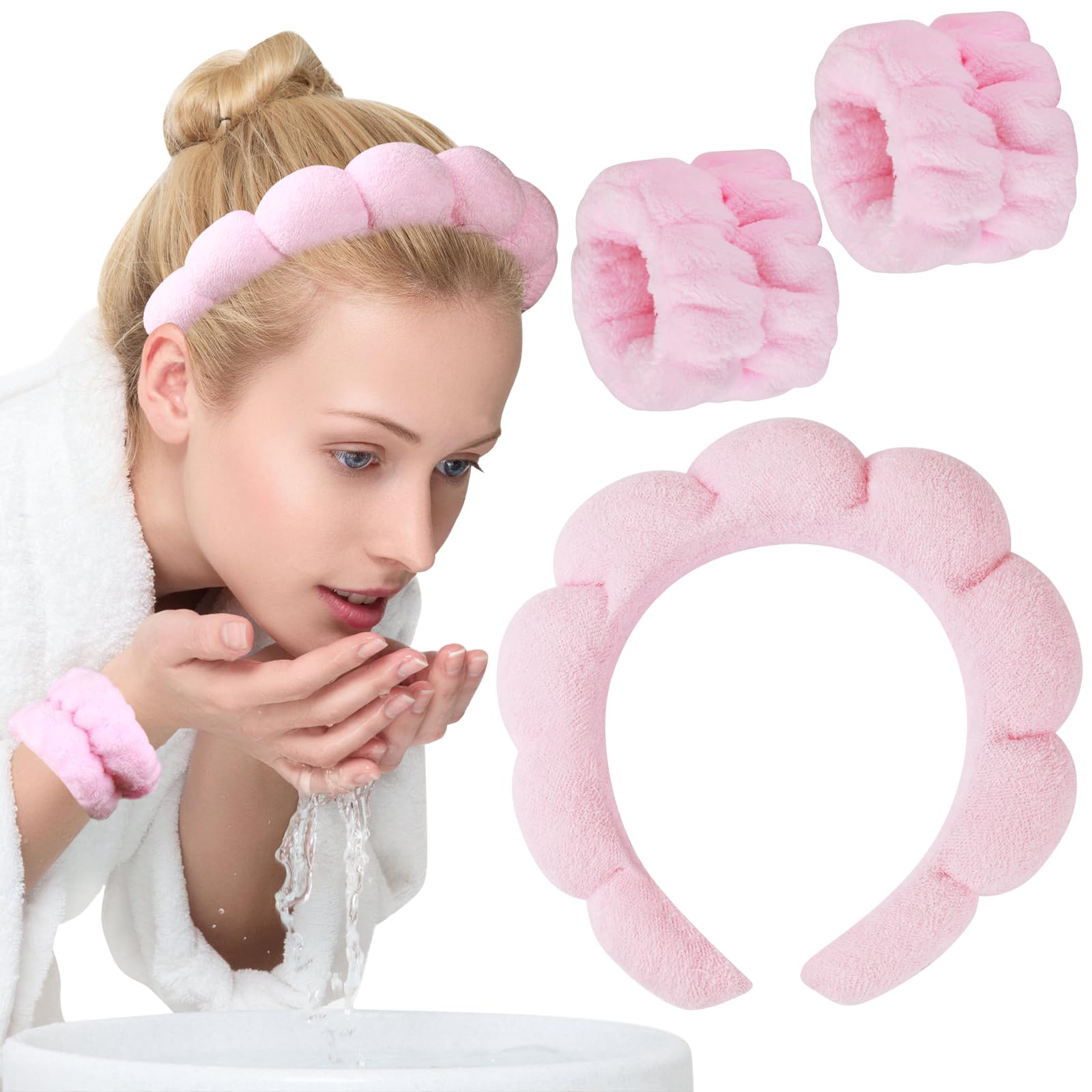 Realjoy 3PCS Spa Headband for Washing Face, Makeup Headbands for Women, Skincare Headband and Wristbands for Skincare, Face Washing, Makeup Removal, Shower, Facial Mask （Pink）