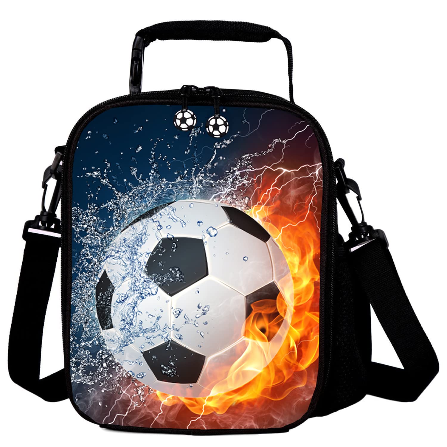 GOXUNYUAN Kids 3D Football Printed Lunch Bags Reusable Cooler Warm Tote Lunch Box with Drink Bottle Holder Children Portable Shoulder Strap Thermal Picnic Bags for Boys Girls Red