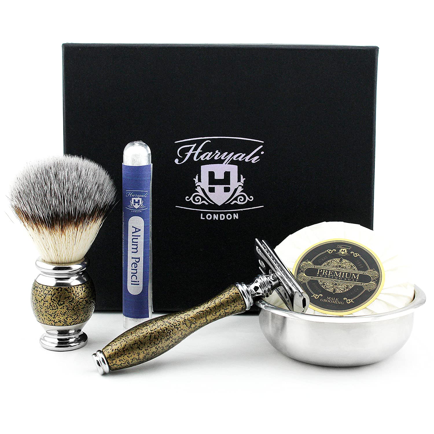 Haryali London Shaving Kit - 5 Pc Antique Shaving Kit - Double Edge Safety Razor - Silver tip Synthetic Shaving Brush - Shaving Bowl - Shaving Soap - Alum - Gold Color Shaving Set as Gift Set