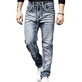 Men's Stretch Denim Jeans Classic Jeans with Embroidered Design, ESDVD Street Style Regular Jeans Relaxed Fit Pants Comfy