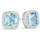KOKAV 14K White Gold Genuine Blue Topaz 2-1/6 Ct Cushion, Diamonds Earrings