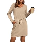 OFEEFAN Fall Dresses for Women 2025 Loose V Neck Long Sleeve T Shirts Casual Sundresses Tie Front A-Line Dresses