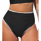 CUPSHE Women's Bikini Bottom High Waisted Swimsuit Ruched Bathing Suit Stitching Full Coverage Swimwear Bottom