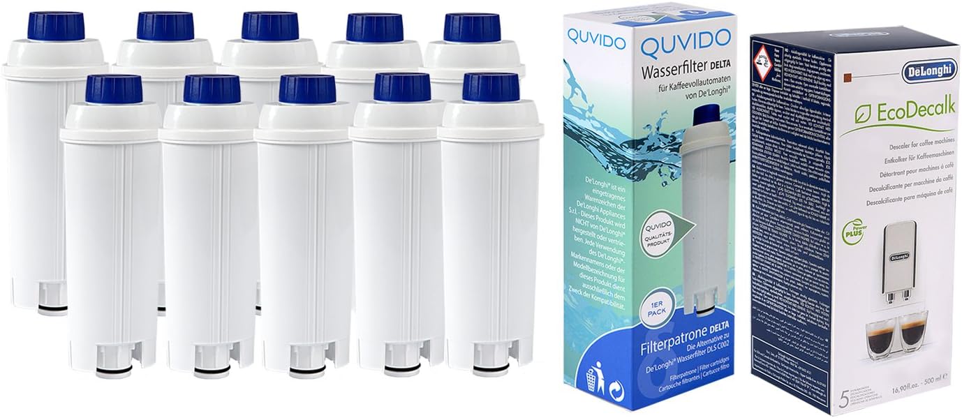 10 x QUVIDO Delta Water Filter for Delonghi Coffee Machine with Delonghi DLSC500 Descaler Ecodecalc 500ml