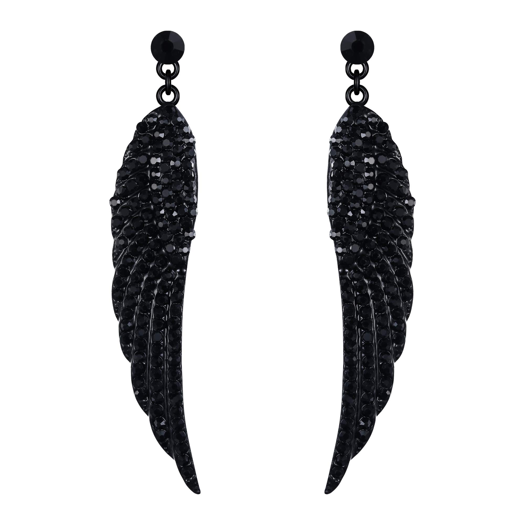 EVER FAITH Women's Austrian Crystal Wedding Angel Wing Pierced Dangle Earrings Black Black-Tone