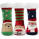 Qterdiz Kids Boys Winter Socks Warm Fuzzy Socks for Girls Home Floor Soft Lined Fluffy Socks with Grips 3 Pack