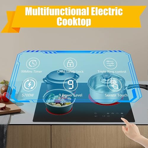 KVNTOOLS 110V Electric Cooktop 2 Burners - 2600W, 26" Ceramic Glass, Touch Control, 9 Heating Levels, Plug-In
