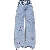WDIRARA Girl's Rhinestone Elastic Waist Cargo Jeans Casual Baggy Wide Leg Denim Pants
