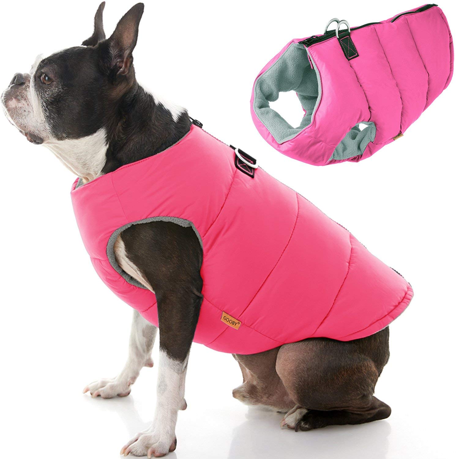 Gooby Padded Vest Dog Jacket - Solid Pink, Large - Warm Zip Up Dog Vest Fleece Jacket with Dual D Ring Leash - Winter Water Resistant Small Dog Sweater - Dog Clothes for Small Dogs Boy and Medium Dogs