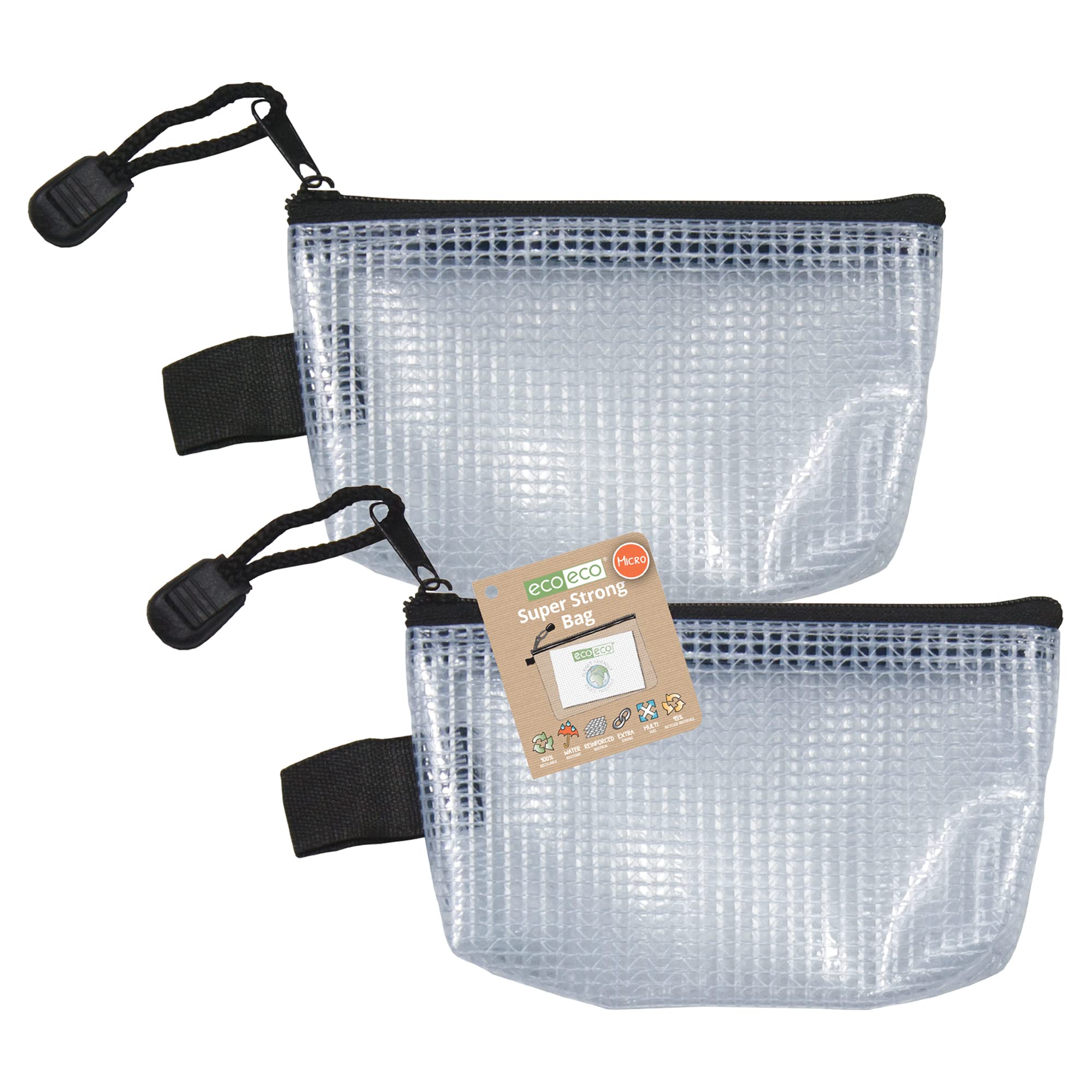eco-eco Micro 95% Recycled Super Strong Bag, Waterproof Mesh Tuff Bag, Reinforced Black Zip Closure, 13x8cm, Pack of 2, eco122x2