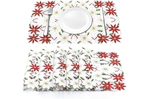 AerWo 6Pcs Christmas Holiday Placemats, Embroidered Poinsettia Christmas Table Place Mats for Christmas Dinner Christmas Table Decorations 12 × 18 Inch