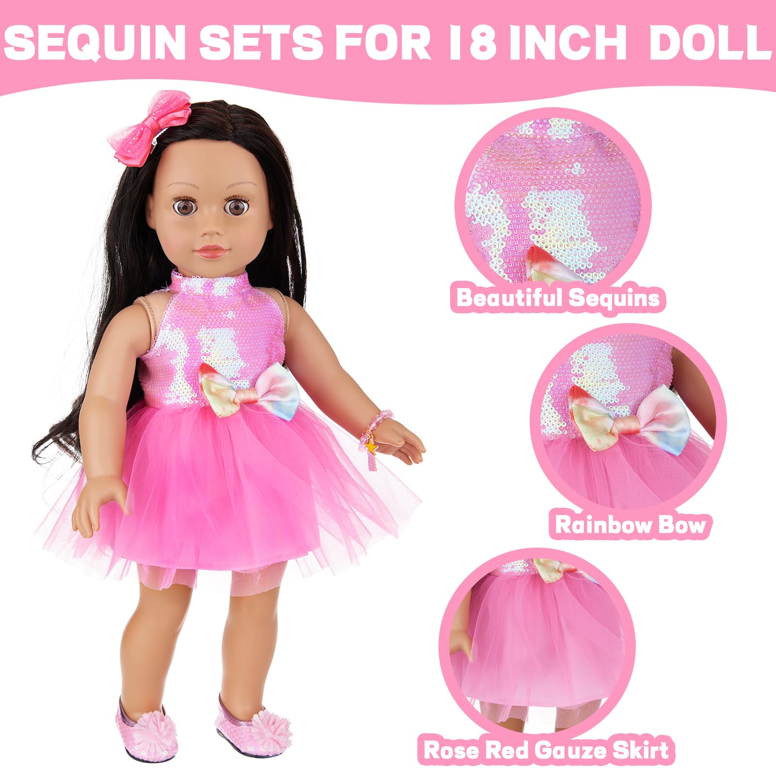 ECORELF American 18 Inch Doll Clothes and Accessories, Sequin Doll Backpack Accessories Set Included 18 inch Girl Doll Backpack,Sequin Gauze Dress,Doll Shoes,Bow Knot Hairpin,Hand Chain(No Doll)