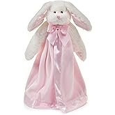 Bearington Baby Bunny Snuggler - 15" Pink Infant Security Blanket with Satin Trim and Plush Rabbit Head - Soft Cuddly Lovey for Girls and Newborns - Comfort Blanket Gift for Christenings and Showers