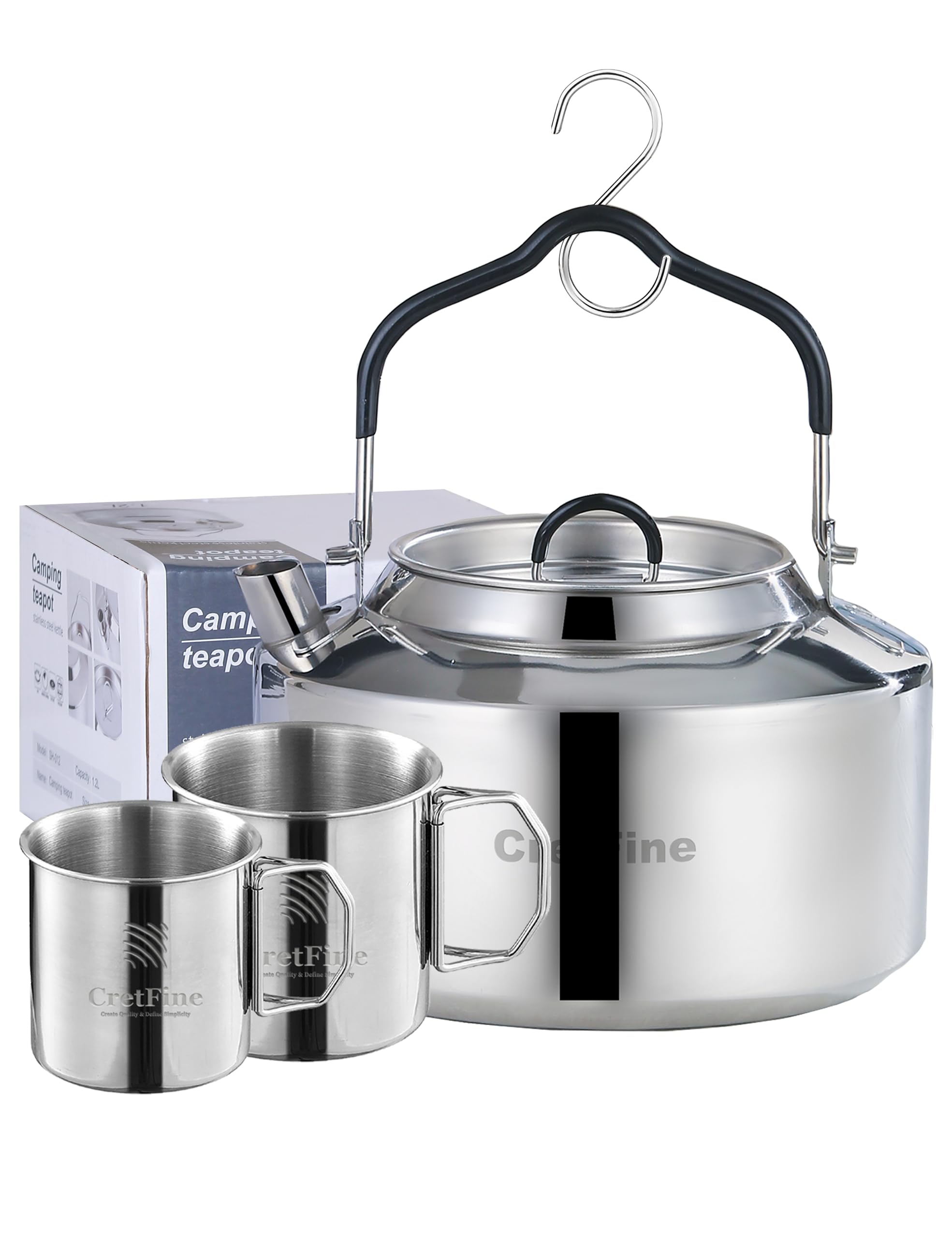 CretFine 304 Stainless Steel Camping Tea Kettle With Stackable Cups And