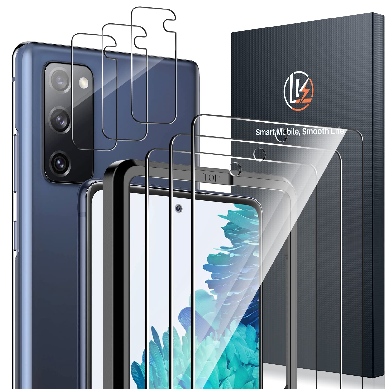 LK 6 Pack Screen Protector Compatible for Samsung Galaxy S20 FE 4G/5G 6.5 Inch, 3 Pack Tempered Glass Protective Film and 3 Pack Camera Lens Protector, Scratchproof, Easy-Installation Tool