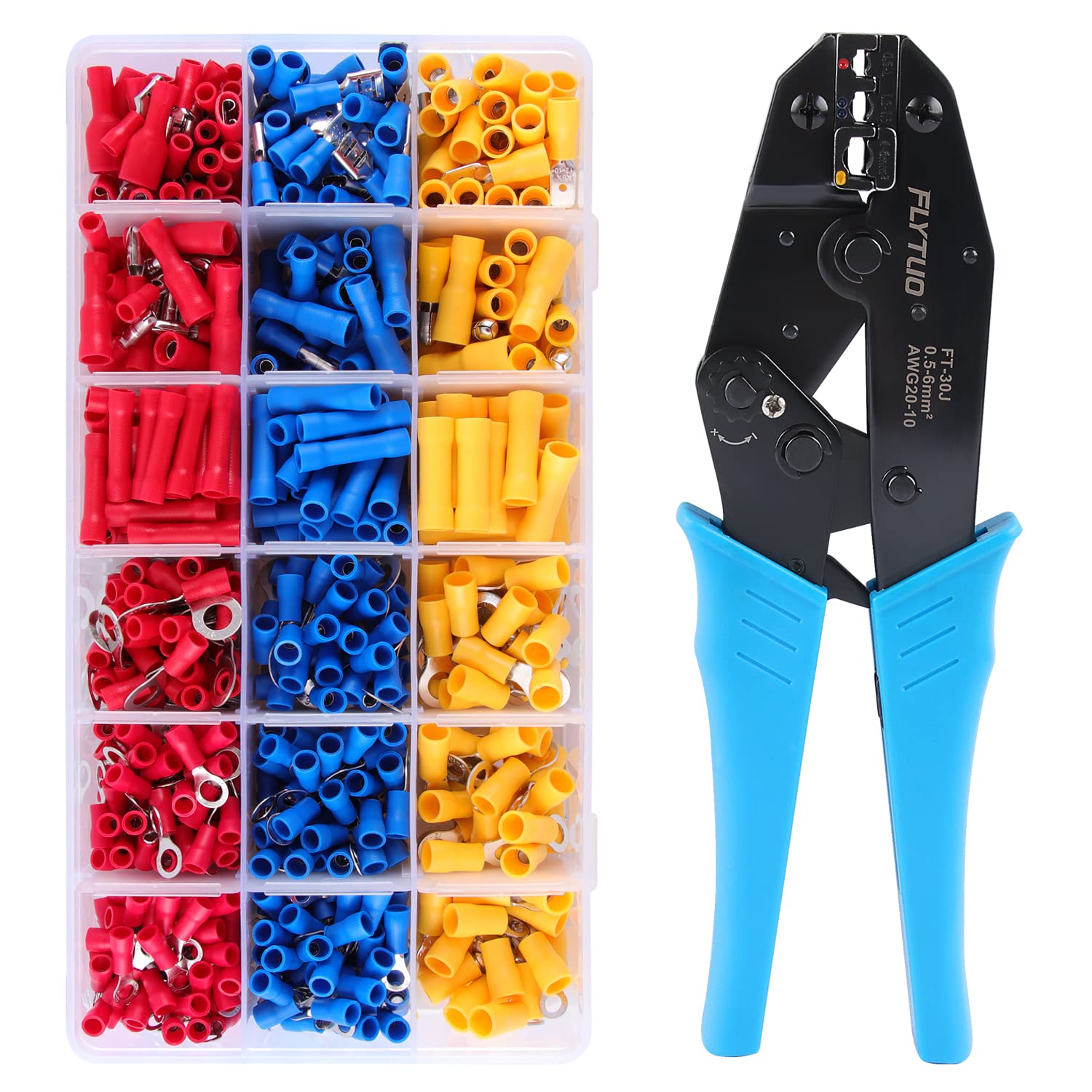 Flytuo Wire Terminals Crimping Tool Kit - 0.5-6mm²/AWG20-10 Insulated Ratcheting Crimper with 700PCS Connectors