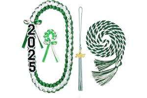 ATCCPYDM Graduation Ribbon Lei Class of 2025 Handmade Braided Necklace Honor Cord with Tassel Grad Lei Kit for Graduate Women Men High School College Grad Party Supplies(Green+White)