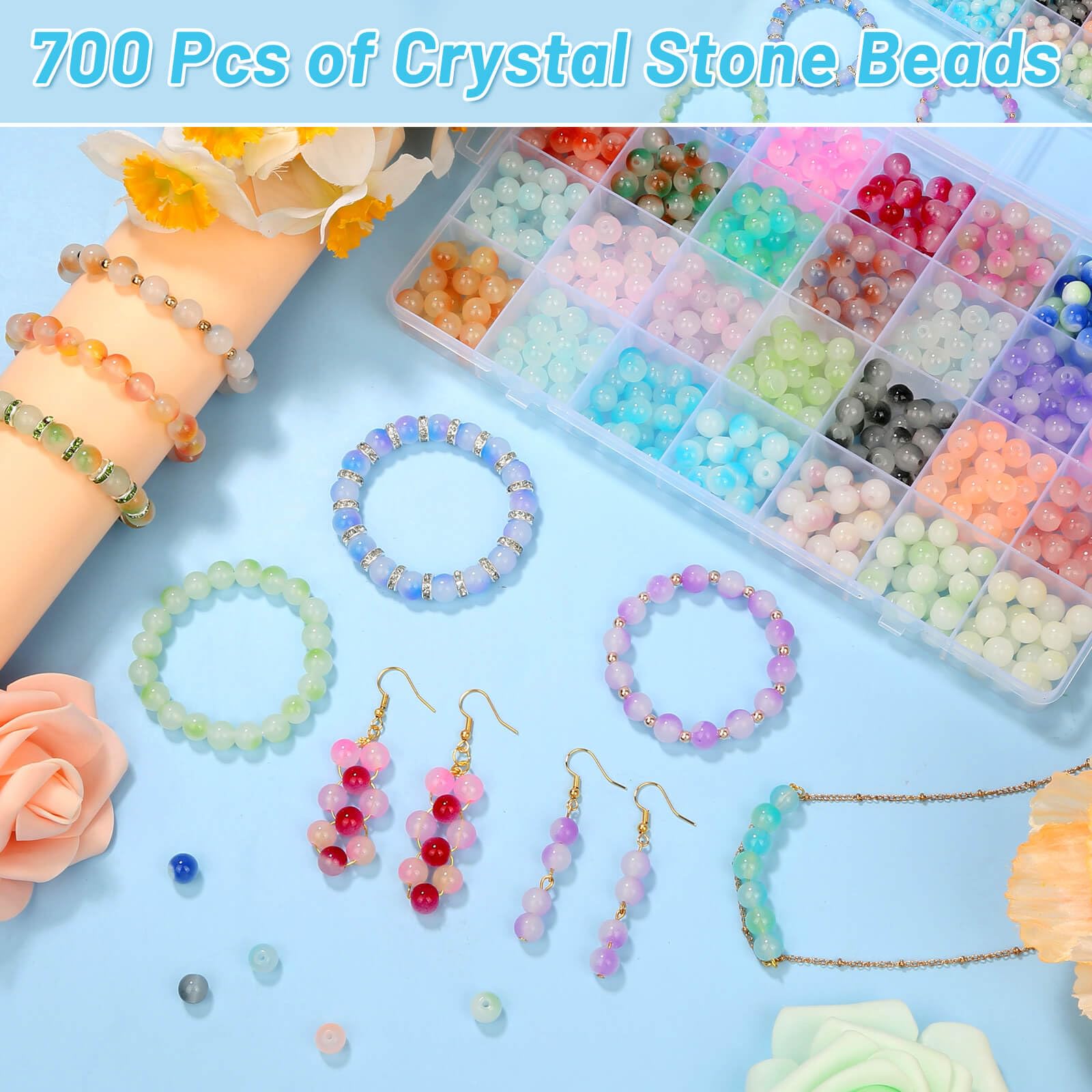 shynek 700 Pieces 8mm Glass Beads for Jewelry Making, 28 Bicolor Glass Crystal Beads Bracelet Kit for DIY Crafts