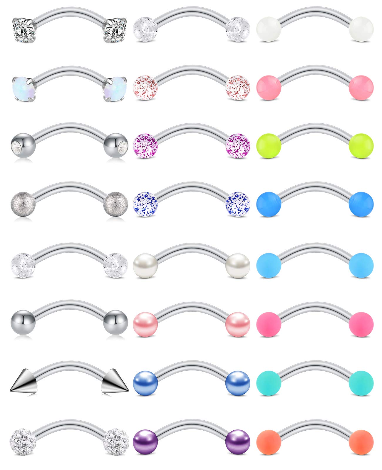 JFORYOU 16G Eyebrow Piercing Stainless Steel Curved Barbell 24Pcs Tragus Helix Daith Rook Earring Piercing Body Jewlery