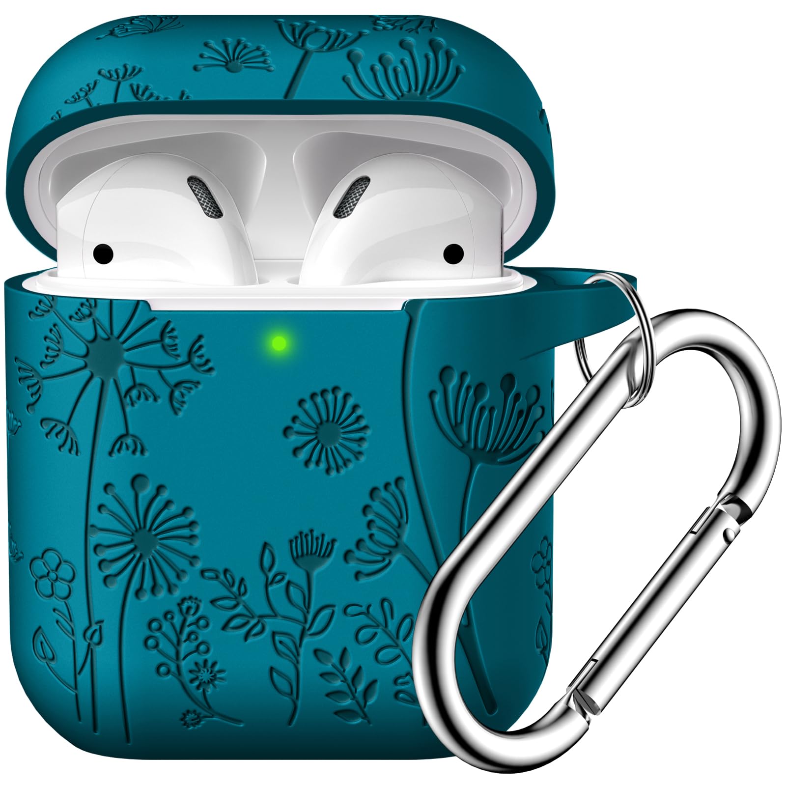 Photo 1 of Lerobo Flower Engraved Case for AirPods Case Cover, Stylish Soft Silicone Protector with Keychain, Compatible with Apple AirPods 1st/2nd Generation Charging Case, Front LED Visible, Verdant Blue