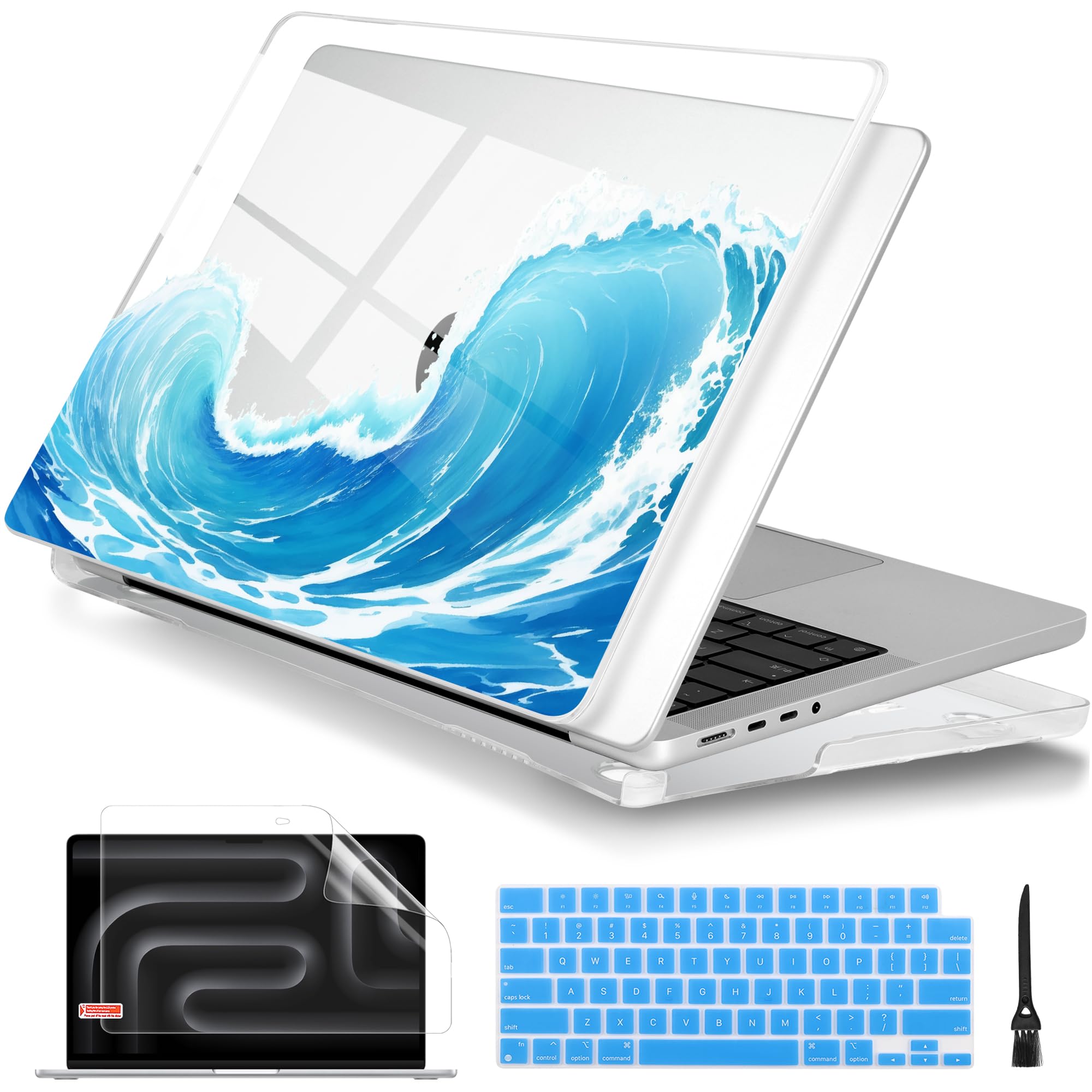 Photo 1 of Batianda for MacBook Pro 14 Inch Case 2026-2021 Release M5 M4 M3 M2 M1 Pro/Max, 1.2mm Slim Graphic Hard Shell Cover with Keyboard Cover, Screen Protector 4-in-1 Bundle, Blue Waves