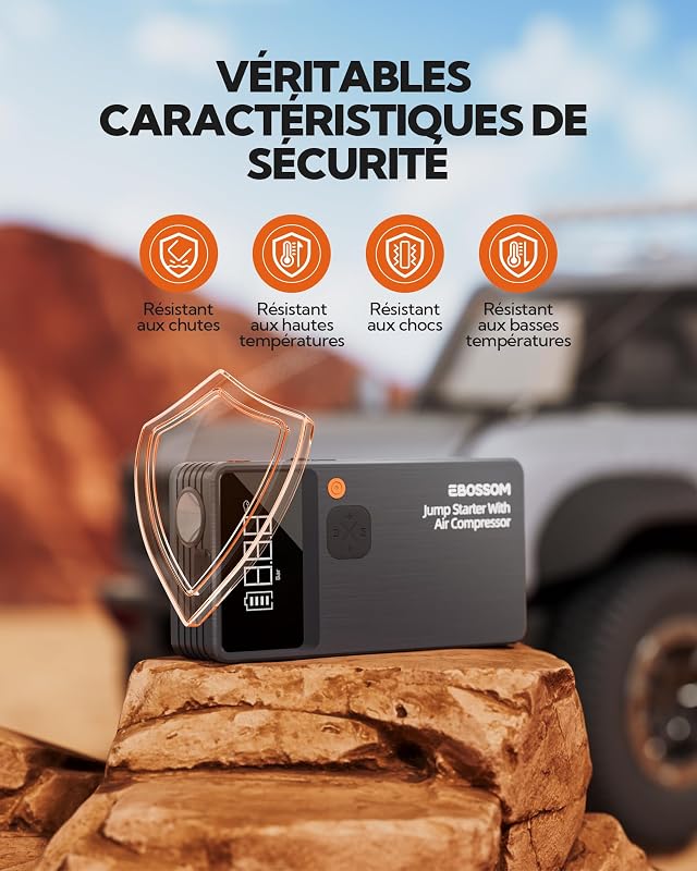 Booster Batterie Voiture avec Gonfleur,Demarreur Batterie Voiture avec Compresseur d'air Portable 7en1,Jump Starter Boost pour Moto de 12000 mAh,Booster d'urgence avec Lampe LED,Charging USB-C