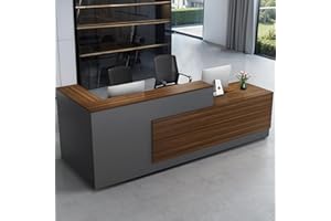 HUARIIFOWM Modern L-Shaped Reception Desk with Hutch, Reception Counter Table, Lockable Drawer Door Cabinet, Office Wooden Computer Front Desk (Walnut+lron Gray-Left Cabinet, 94.49" L*23.62" W*41.34" H)