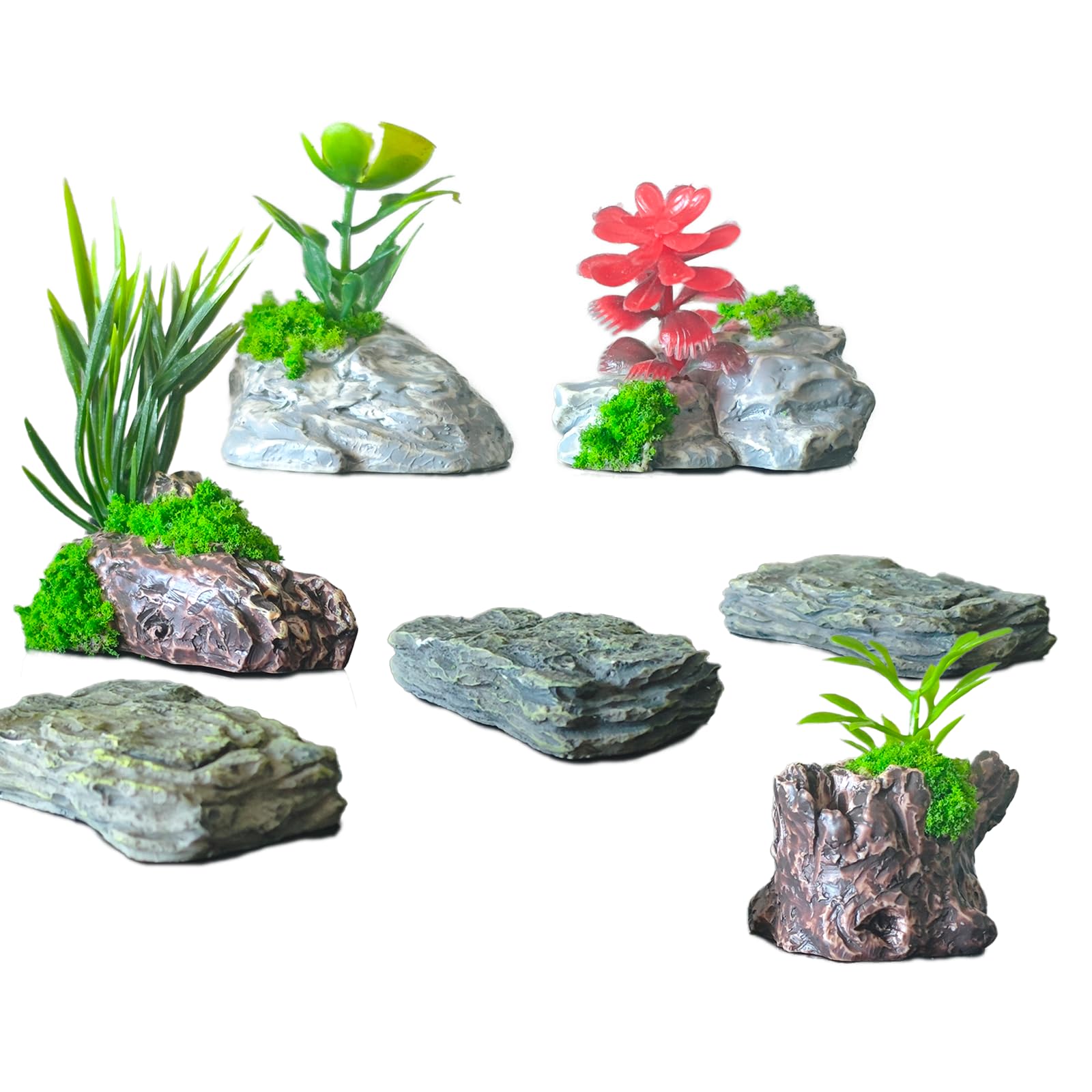 Photo 1 of Miniature Fake Stone Rocks, Trees with Plants - 7 Piece Decorative Landscape Ornaments for Train Railway Sand Table Fairy Garden Accessories