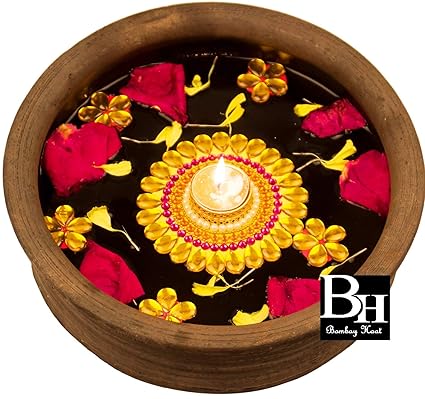 Bombay Haat Stone Handcrafted Floating Tealight Candle Holder with 5 Flowers for Home Decor, 13x4x13cm(Orange and Golden)