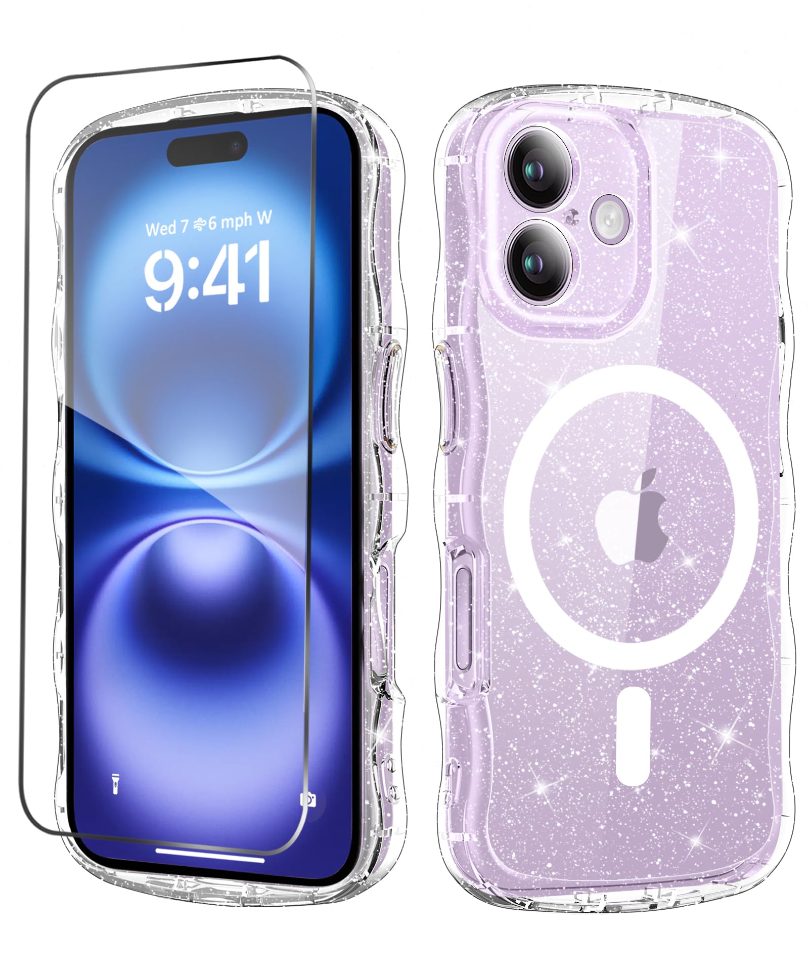 MIODIK for iPhone 17 Case with Screen Protector, [Compatible with MagSafe] Clear Glitter Wave Cute Women Girls Design, Upgraded Camera Protection Phone Case for iPhone 17 6.3" - Clear Wave