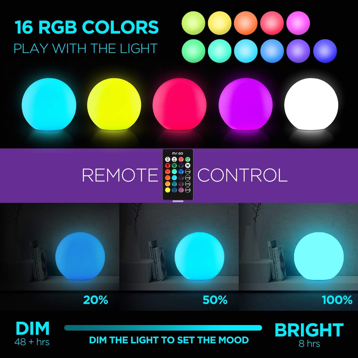 Mr.Go 10" LED Ball Lamp Color Changing Mood Light Sphere Lamp with Remote Control, 16 RGB Colors, Dimmable - Image 3