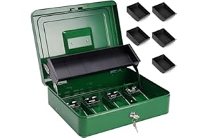 Sgorlds Cash Box Metal Money Box with Tray & Key Lock,Tiered Locking Cash Boxes,Durable Lock Safe Box with Key,4 Bill / 5 Coin Slots,Large 11.8L x 9.5W x 3.5H Inches (Key, Dark Green)