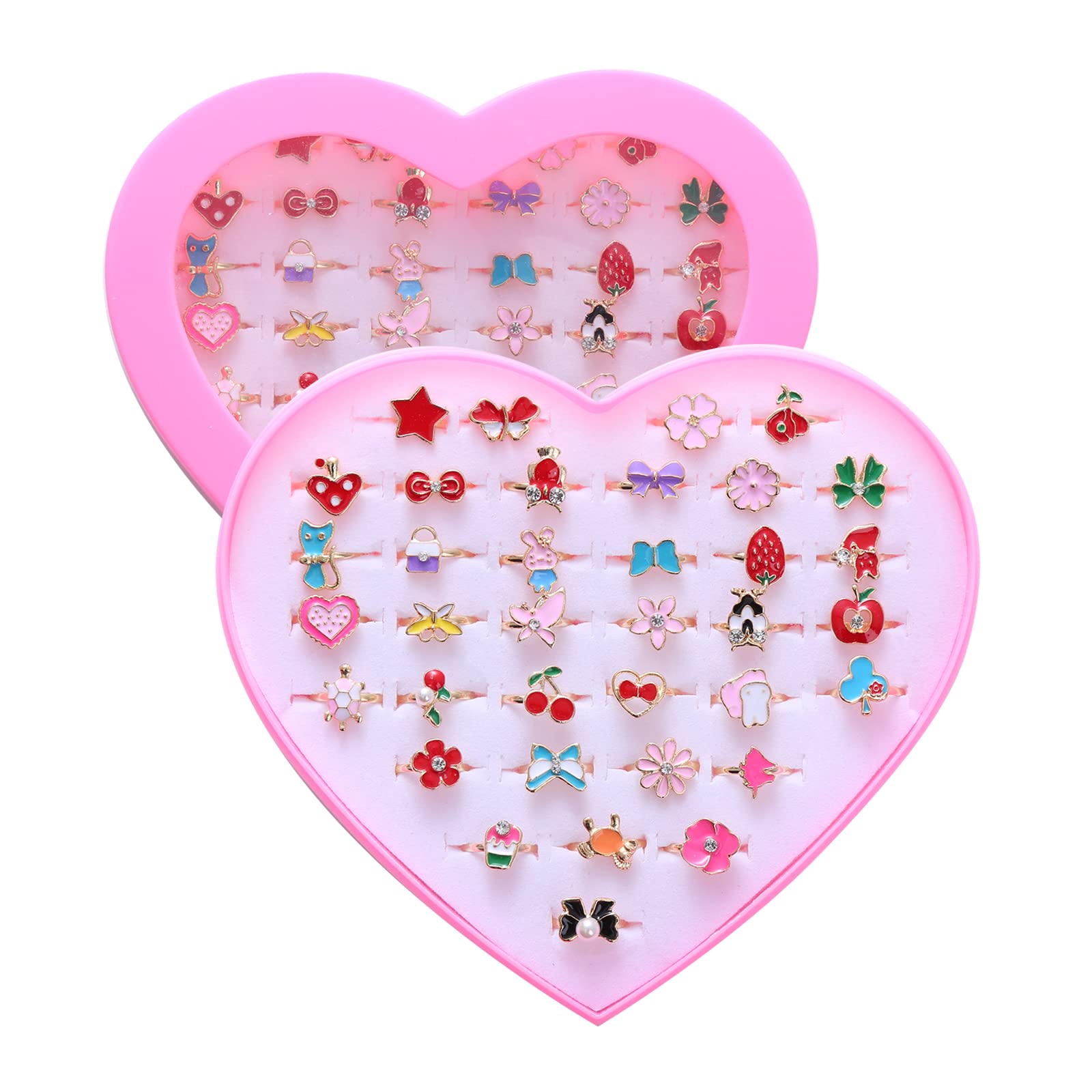 PASEMM 36pcs Little Girl Alloy Jewelry Rings, Adjustable, No Duplication Kids Play Ring in Box,Pretend and Dress Up Rings for 4-12 Year Old Girls Birthday Holiday Gifts, 4 5 6 7 8 9 10 11 12 Year Old Girl Toys for Kids