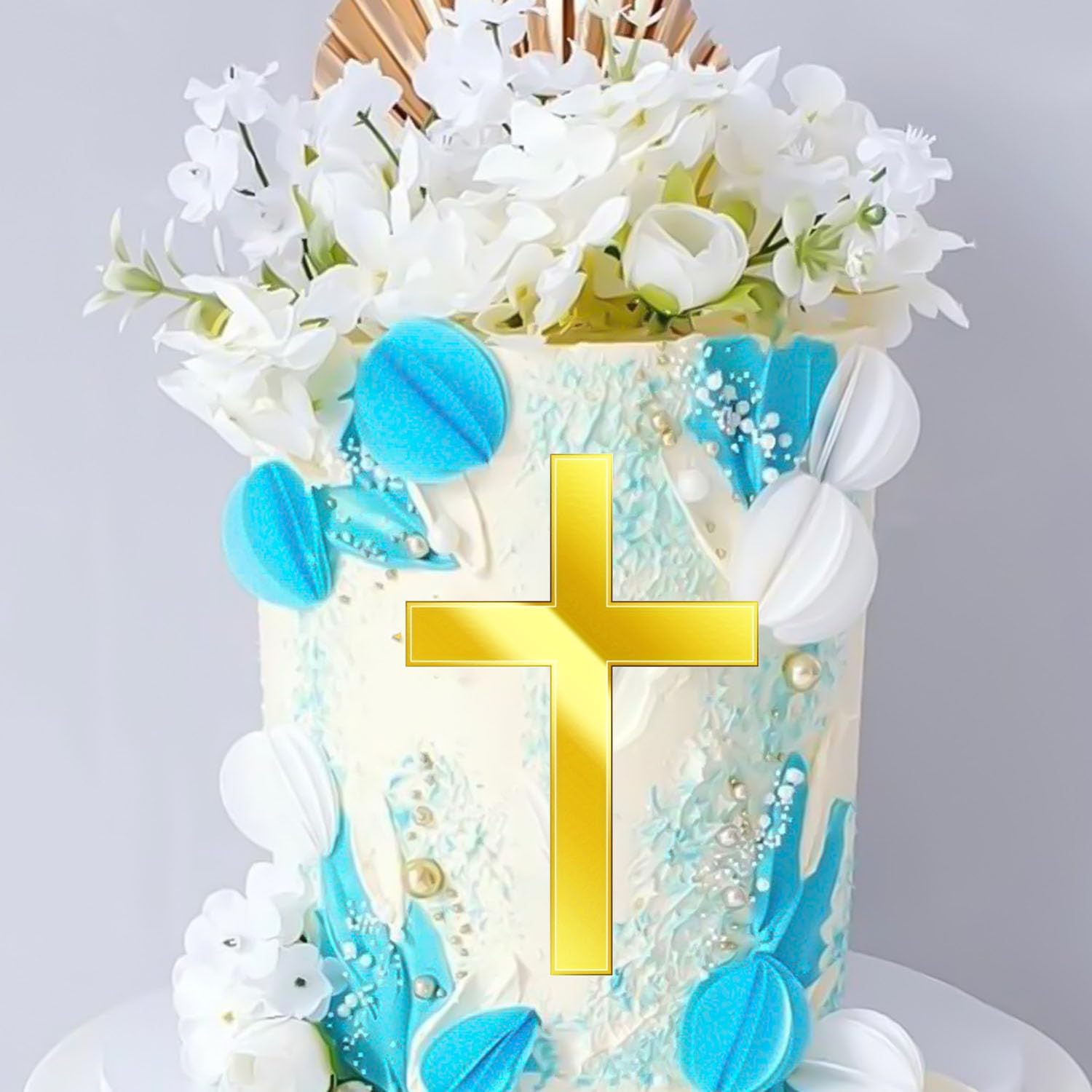Photo 1 of Acrylic Gold Mirror Cross Cake Topper, Baby Shower Baptist Cake Decoration Holy Communion Christening Cross Cake Side Decoration Party Decoration Props Supplies