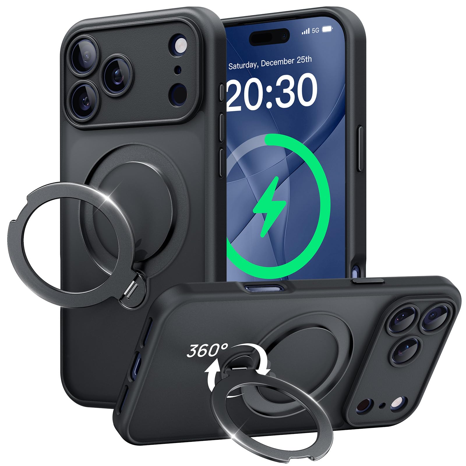 Photo 1 of Peerock 360° Spin Magnetic Stand for iPhone 17 Pro Max Case, [Fit for MagSafe][Military Protection][Full Camera Protection] Adjustable Kickstand iPhone Case for iPhone 17 Pro Max 6.9", Black