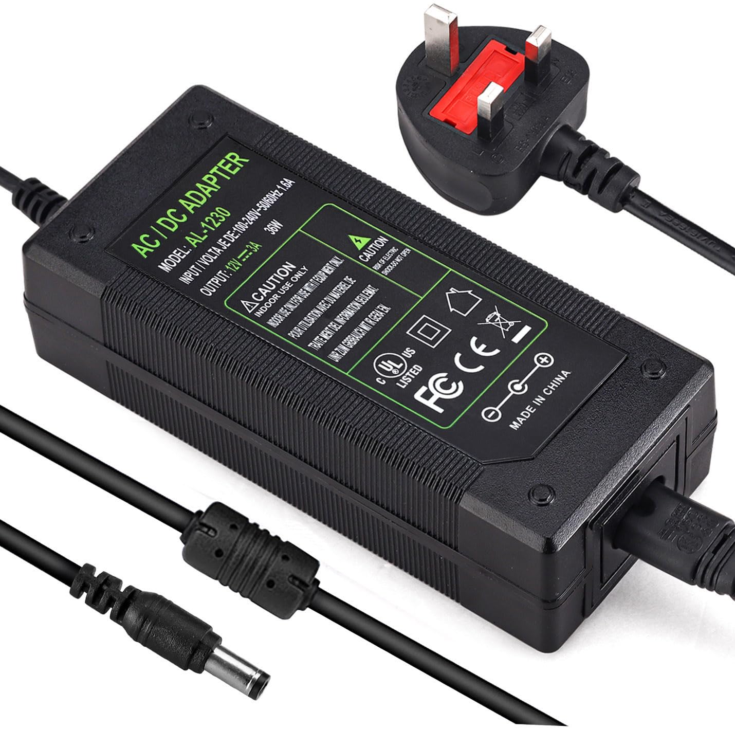TOBWOLF DC 36W 12V 3A Power Supply Adapter, 9.8FT Power Cord, AC 100-240V to DC 12 Volt 3 Amp Switching Power Transformer for Camera, Wireless Router, 5.5x2.5mm & 5.5x2.1mm DC Plug