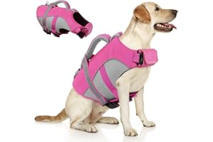 Queenmore Dog Life Vest for Swimming, Adjustable High Visibility Dog Life Jacket with Superior Buoyancy and Rescue Handle, Pink, XL