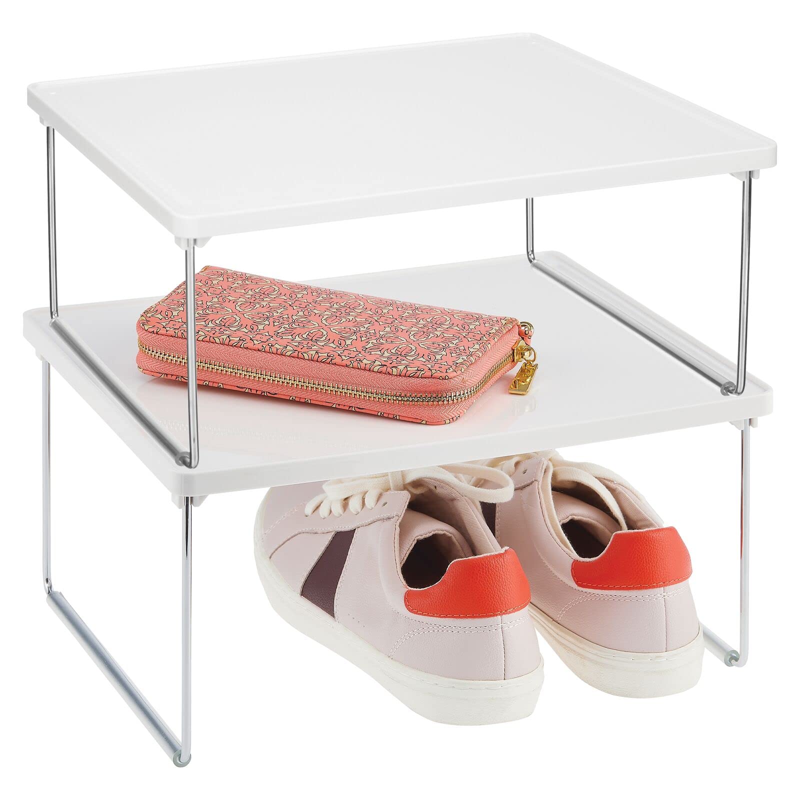 mDesign Set of 2 Free Standing Shelf — Small Shelf with Non-Slip Feet for Household Storage — Ideal Storage Shelf for The Bedroom and Wardrobe — White