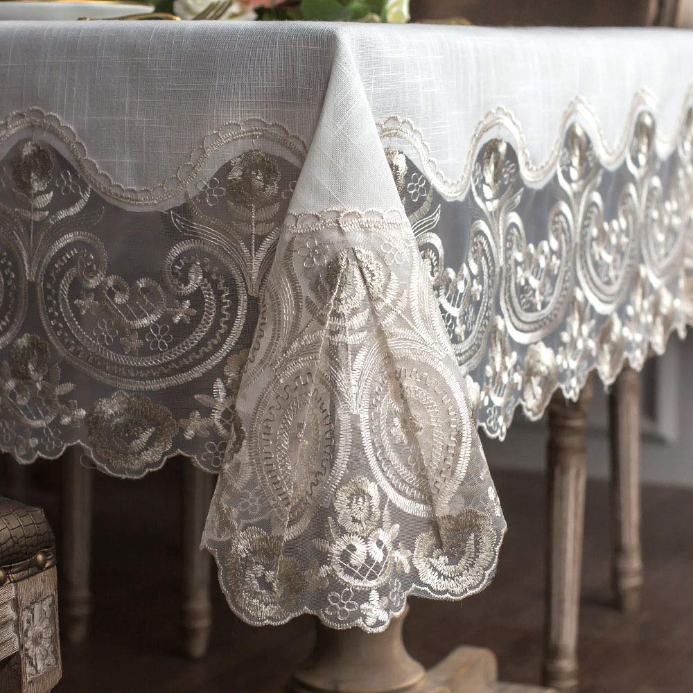 Photo 1 of ARTABLE Lace Rectangular Tablecloths with Exquisite Macrame Border Clear Embroidered Kitchen Holidays Fabric Tablecloth (Beige, 60 x 84 Inch)