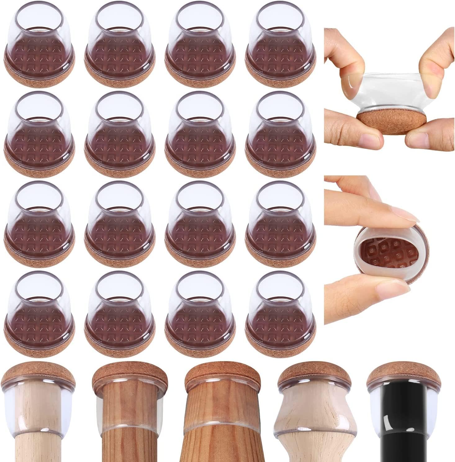 16PCS Clear Round Silicone Chair Leg Floor Protectors with Felt, Floor Protectors for Chair, Felt Furniture Pads, Chair Leg Caps Covers, No Scratches and Reduce Noise (Fit: 1.1''–1.45'', Clear) v