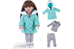 Rakki Dolli Doll Clothes 3 Pc. Set Blue Grey Plaid Hooded Thick Coat Suit Checkerboard Jacket with Long Sleeve, Warm Doll Outfit Hoodie Snowsuit Fits for 18" Dolls (Doll & Shoes not Included) 012