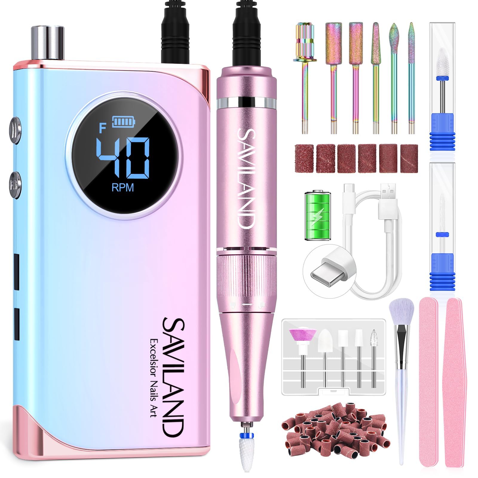 SAVILAND Nail Drill Professional: 40000RPM Electric Nail File 2024 Macaron Gradient Pink Nail Drill Machine for Faster Removel Acrylic Nail Salon at Home Use Manicure Pedicure Manicurist Good Choice