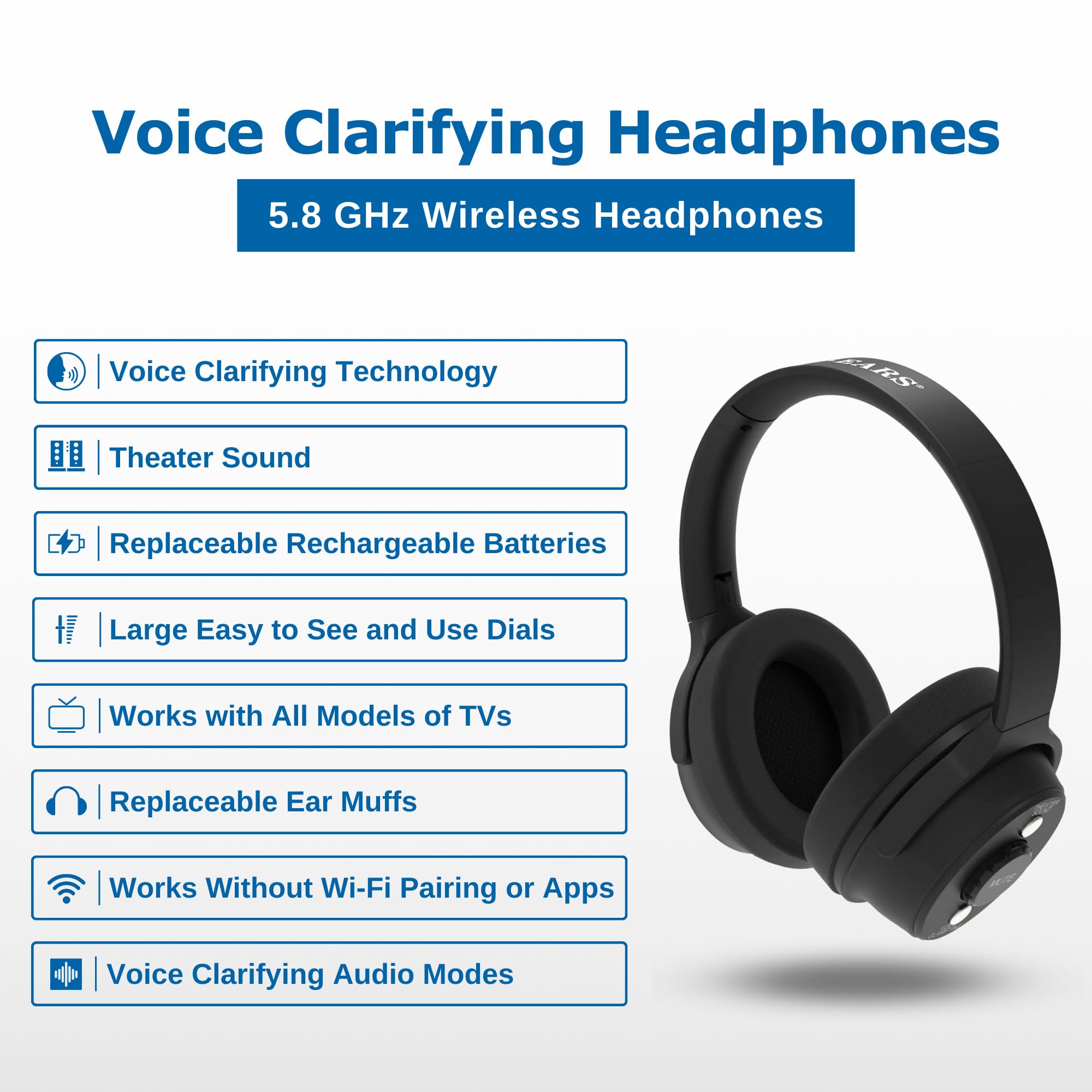 TV · EARS 5.8 GHz Wireless Headphones System for TV, Voice Clarifying for Listening & Watching Experience with Rechargeable Batteries, Adjustable Sound, Works with most TV Brands, Range up to 100 Feet