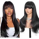 Silky straight Layered Cut Face-Farming Human hair Wig With bangs For Black Women 250% Density 2X4 HD Lace Closure Wear And Go Glueless Bang Wig Human Hair Effortlessly Chic Beginner Friendly 20 Inch